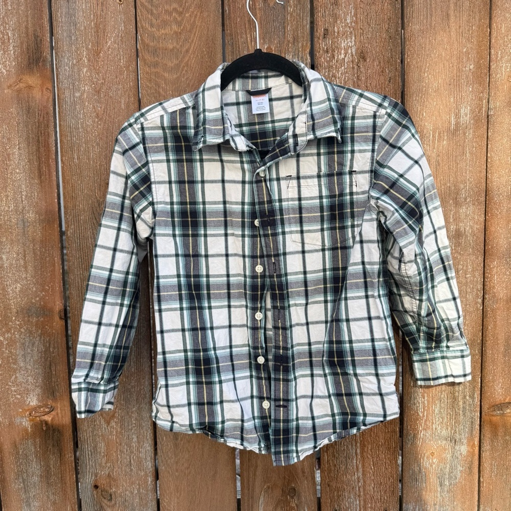 Gymboree Boys Green White Plaid Long Sleeve Button Down Shirt Size 7-8